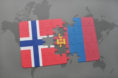 Norveç ve Moğolistan ulusal bayrak bir dünya haritası üzerinde ile bulmaca