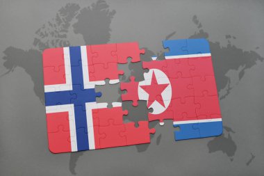 Norveç ve Kuzey Kore ulusal bayrak bir dünya haritası üzerinde ile bulmaca