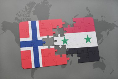 Norveç ve Suriye ulusal bayrak bir dünya haritası üzerinde ile bulmaca