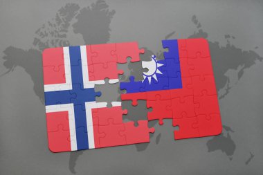 Norveç ve Tayvan ulusal bayrak bir dünya haritası üzerinde ile bulmaca
