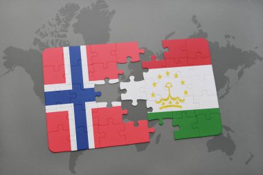 Norveç ve Tacikistan Ulusal bayrak bir dünya haritası üzerinde ile bulmaca