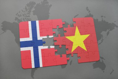 Norveç ve vietnam ulusal bayrak bir dünya haritası üzerinde ile bulmaca