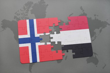 bir dünya haritası üzerinde Norveç ve yemen bayrak ulusal ile bulmaca