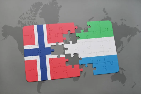 Rompecabezas con la bandera nacional de Noruega y Sierra Leona en un mapa del mundo —  Fotos de Stock