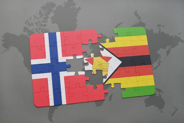 Rompecabezas con la bandera nacional de Noruega y zimbabwe en un mapa del mundo —  Fotos de Stock