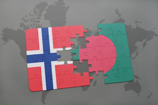Puzzle with the national flag of norway and bangladesh on a world map — Stock Photo, Image