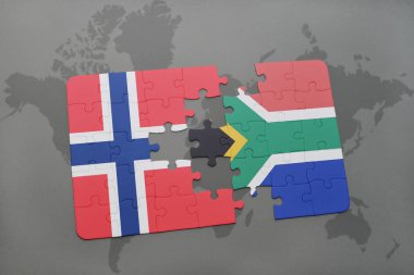 Norveç ve Güney Afrika ulusal bayrak bir dünya haritası üzerinde ile bulmaca