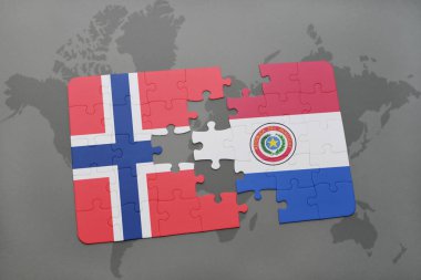 Norveç ve paraguay ulusal bayrak bir dünya haritası üzerinde ile bulmaca