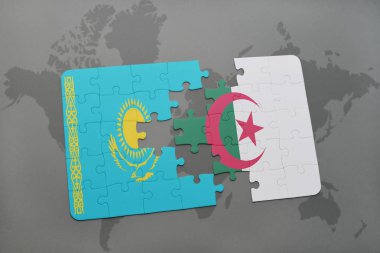 Kazakistan ve Cezayir ulusal bayrak bir dünya haritası üzerinde ile bulmaca