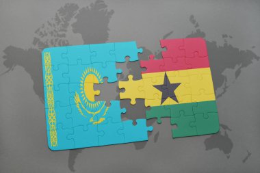 Kazakistan ve Gana bir dünya haritası üzerinde bayrağı ile bulmaca
