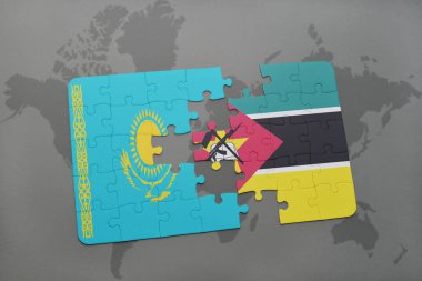 Kazakistan ve Mozambik bir dünya haritası üzerinde bayrağı ile bulmaca