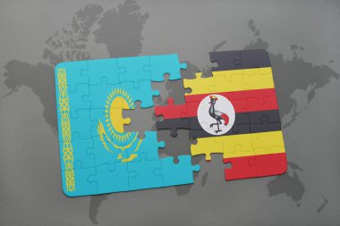 Kazakistan ve uganda ulusal bayrak bir dünya haritası üzerinde ile bulmaca