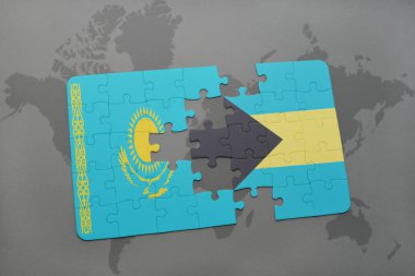 Kazakistan ve Bahamalar bir dünya haritası üzerinde bayrağı ile bulmaca