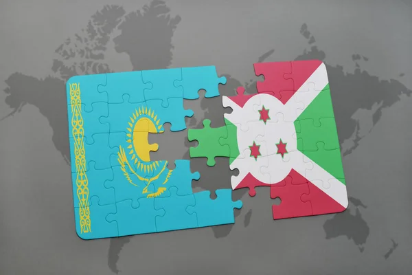A nemzeti zászló, Kazahsztán és a burundi, a világtérképen puzzle — Stock Fotó