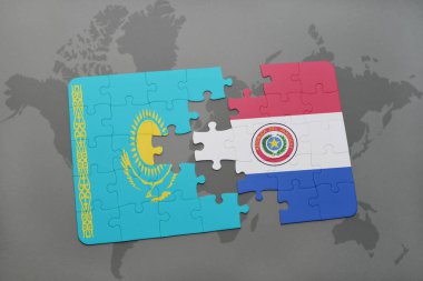 Kazakistan ve paraguay ulusal bayrak bir dünya haritası üzerinde ile bulmaca