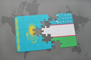 Kazakistan ve Özbekistan'a bir dünya haritası üzerinde bayrağı ile bulmaca