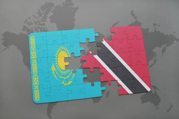 益智与哈萨克斯坦和特立尼达和多巴哥国旗在世界地图上 — 图库照片