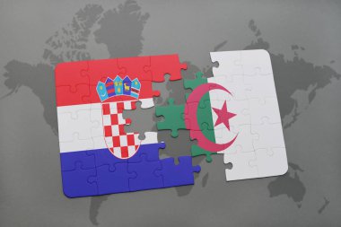 Hırvatistan ve Cezayir ulusal bayrak bir dünya haritası üzerinde ile bulmaca