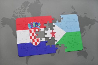 bir dünya haritası üzerinde Hırvatistan ve Cibuti bayrağı ulusal ile bulmaca