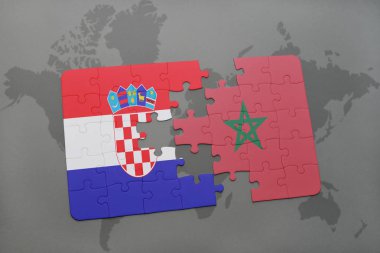 Hırvatistan ve Fas bir dünya haritası üzerinde ulusal bayrak ile bulmaca