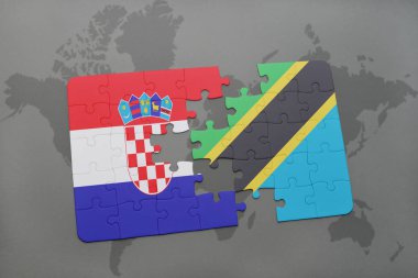 Hırvatistan ve Tanzanya bir dünya haritası üzerinde bayrağı ile bulmaca