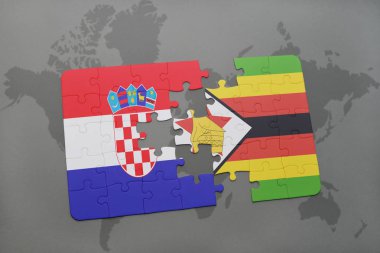 Hırvatistan ve Zimbabve Ulusal bayrak bir dünya haritası üzerinde ile bulmaca