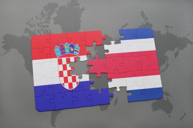 Hırvatistan ve Kosta Rika bir dünya haritası üzerinde bayrağı ile bulmaca