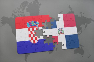 Hırvatistan ve Dominik Cumhuriyeti ulusal bayrak bir dünya haritası üzerinde ile bulmaca