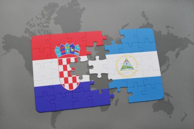 Hırvatistan ve Nikaragua ulusal bayrak bir dünya haritası üzerinde ile bulmaca