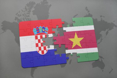 Hırvatistan ve Surinam ulusal bayrak bir dünya haritası üzerinde ile bulmaca