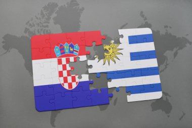 Hırvatistan ve uruguay ulusal bayrak bir dünya haritası üzerinde ile bulmaca