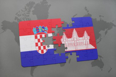 Hırvatistan ve Kamboçya Ulusal bayrak bir dünya haritası üzerinde ile bulmaca