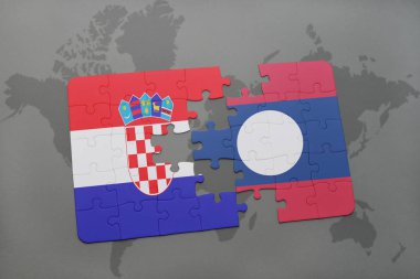 Hırvatistan ve laos ulusal bayrak bir dünya haritası üzerinde ile bulmaca