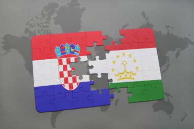 Hırvatistan ve Tacikistan Ulusal bayrak bir dünya haritası üzerinde ile bulmaca