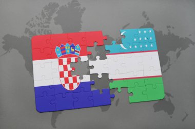 Hırvatistan ve Özbekistan'a bir dünya haritası üzerinde bayrağı ile bulmaca
