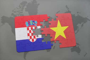 Hırvatistan ve vietnam ulusal bayrak bir dünya haritası üzerinde ile bulmaca
