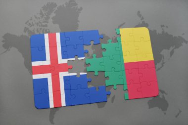 İzlanda ve benin bir dünya haritası üzerinde bayrağı ile bulmaca