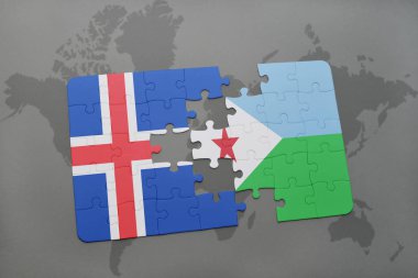 bir dünya haritası üzerinde İzlanda ve Cibuti bayrağı ulusal ile bulmaca