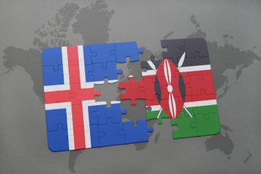 İzlanda ve kenya ulusal bayrak bir dünya haritası üzerinde ile bulmaca