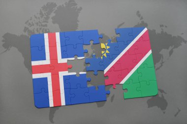 İzlanda ve Namibya ulusal bayrak bir dünya haritası üzerinde ile bulmaca