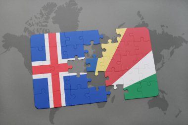 İzlanda ve Seyşeller ulusal bayrak bir dünya haritası üzerinde ile bulmaca