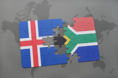 İzlanda ve Güney Afrika ulusal bayrak bir dünya haritası üzerinde ile bulmaca