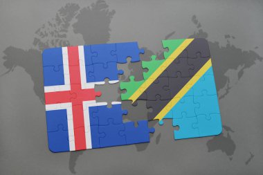 İzlanda ve Tanzanya bir dünya haritası üzerinde bayrağı ile bulmaca