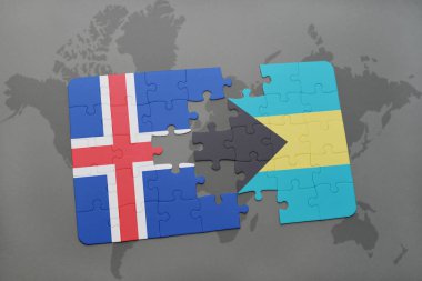 İzlanda ve Bahamalar bir dünya haritası üzerinde bayrağı ile bulmaca