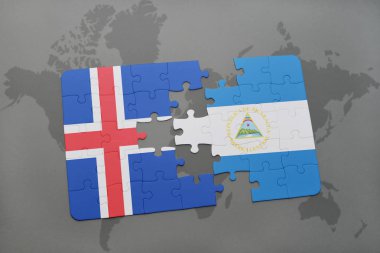 İzlanda ve Nikaragua ulusal bayrak bir dünya haritası üzerinde ile bulmaca