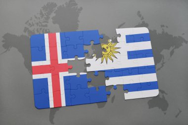 İzlanda ve uruguay ulusal bayrak bir dünya haritası üzerinde ile bulmaca
