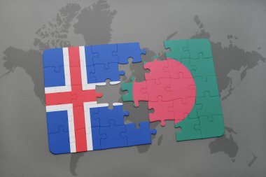 İzlanda ve Bangladeş Ulusal bayrak bir dünya haritası üzerinde ile bulmaca