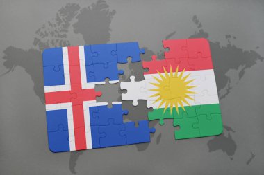 İzlanda ve Kürdistan ulusal bayrak bir dünya haritası üzerinde ile bulmaca