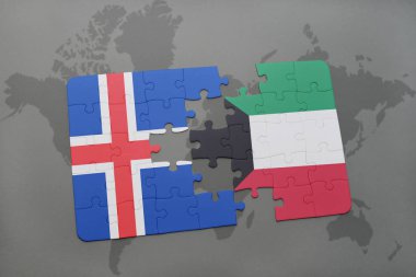 İzlanda ve Kuveyt ulusal bayrak bir dünya haritası üzerinde ile bulmaca