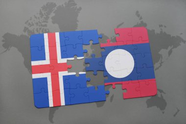 İzlanda ve laos ulusal bayrak bir dünya haritası üzerinde ile bulmaca
